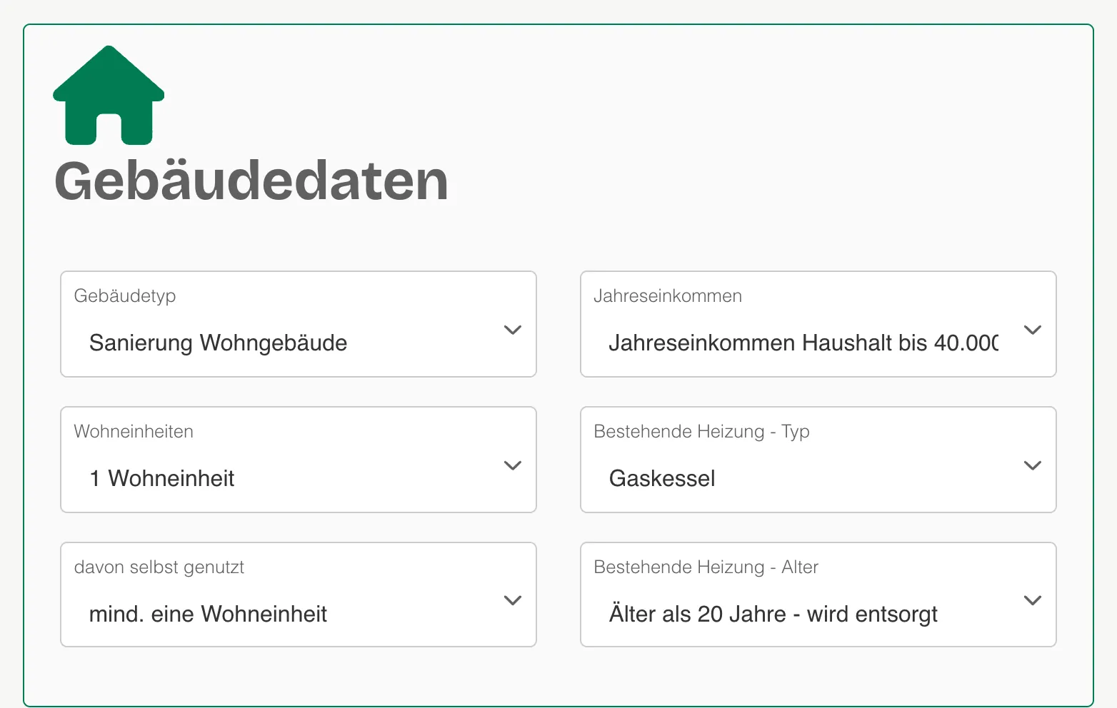 Vorschau des Förderrechners: Gebäudedaten eingeben und passende Förderung berechnen